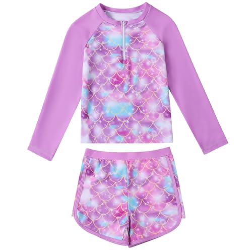 Valcatch Girls Rash Guard Set 2 Piece Long Sleeve Swimsuit Floral Tankini Bathing Suit with Shorts UPF 50+ Kids Swimwear