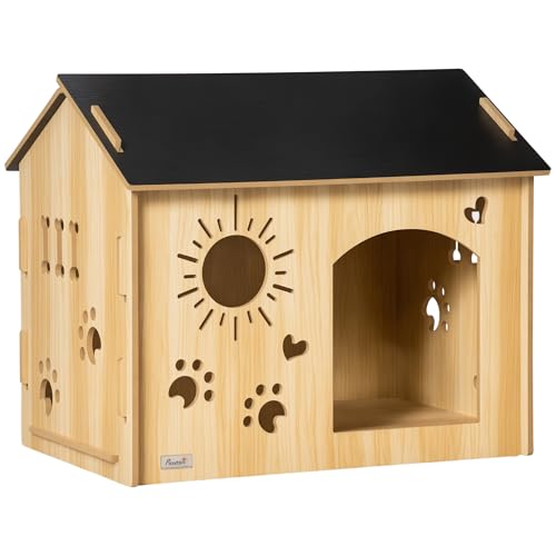 PawHut Hundehütte aus Holz Kleintierhaus mit Lüftungsöffnungen Hundehaus mit Dach Hundehöhle Indoor MDF Eiche+Schwarz 69 x 50 x 58,5 cm