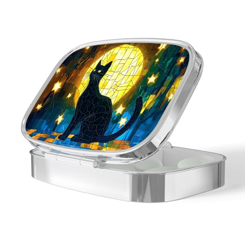 Image of Pill Box-2 Compartment Small Pill Case Portable for Pocket & Purse Single Pill Carrier Pill Container to Hold Vitamins Medication Fish Oil and Supplements BPA-Free(Moon Cat)