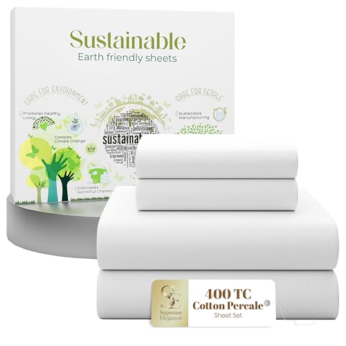 SUPREME ELEGANCE 4 Pcs 100% Cotton Queen Sheet Set, Snow White, 400 Thread Count, Percale Weave, Deep Pocket Fitted Sheet, Crisp Hotel Style Bed Sheets, Cooling, Long Staple Cotton Bedding