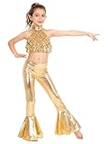 ranrann Enfant Fille Costume Danse Disco Crop Top Paillette sans Manches et Pantalon Evasé Métallique Tenue Danse Moderne Jazz Hip Hop Carnaval A Or 9 10 Ans