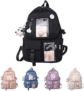 Kawaii Backpack with Pins Badges, Large Capacity Aesthetic School Bag for Teen Girls Multi Pocket Preppy School Bag with Cute Accessories