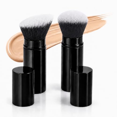 Pack de 2 Brochas de Maquillaje Kabuki Retráctiles, Cabezal Plano y Redondo, Color Negro, para Base, Colorete, Polvos, Iluminador y Productos Líquidos o en Crema, Cerdas Suaves, Formato de Viaje