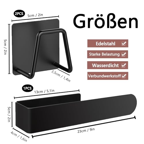 Handtuchhalter, Schwammhalter Spülbecken, Mit 2 Edelstahl Spülbecken Schwarz, Spültuchhalter ohne Bohren, Lappenhalter Spülbecken, für Bad, Spüllappen, Küchenaccessoires