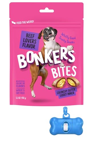 DN Essentials Bundle - Bonkers Bites Beef Lovers Flavored Dog Treats with Bone Shaped Waste Bag Dispenser & Free Roll!