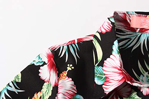 Big Girls Hawaiian Shirt, Kids Hawaiian Shirt, Button Down Luau Shirt For Kids Beach Tropical Shirt Floral Short Sleeve (Large, Black Red) #TOP3