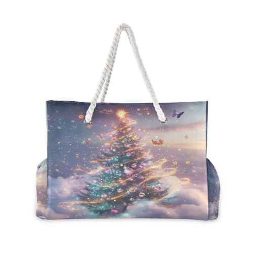 Large Beach Bags Totes Canvas Tote Shoulder Bag Dreamy Christmas Tree Butterfly Water Resistant Bags for Gym Travel Daily2