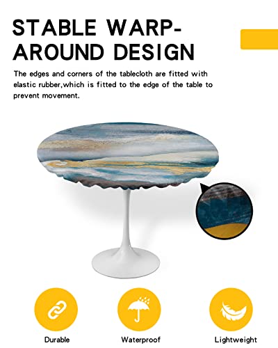 Abstract Minimalist Round Waterproof Table Cover Fitted Tablecloth, Wipeable Fabric Elastic Table Cloth Oil-Proof Tablecover for Indoor Outdoor Picnic Party, Geometric Modern Aesthetics Art 36