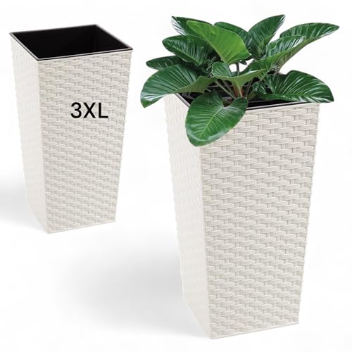 MELTOM Pflanzkübel aus Kunststoff in Rattan mit Herausnehmbaren Einsatz Hoch (Creme, 3XL-75cm)
