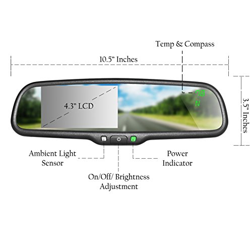 Master Tailgaters 10.5" Oem Rear View Mirror With 4.3" Lcd Screen + Compass & Temperature | Rearview Universal Fit Mount | Auto Adjusting Brightness Lcd | Anti Glare | Full Original Mirror Replacement #TOP5