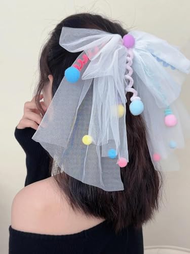 PLwelth Wedding Veil Short Bridal Veil White Double Bow Ribbon Veils with Barrette Cute Colorful Pom-Poms Hair Bow Clips Gift Fashion Hair Accessories for Bride Wedding Bachelorette Party Decoration