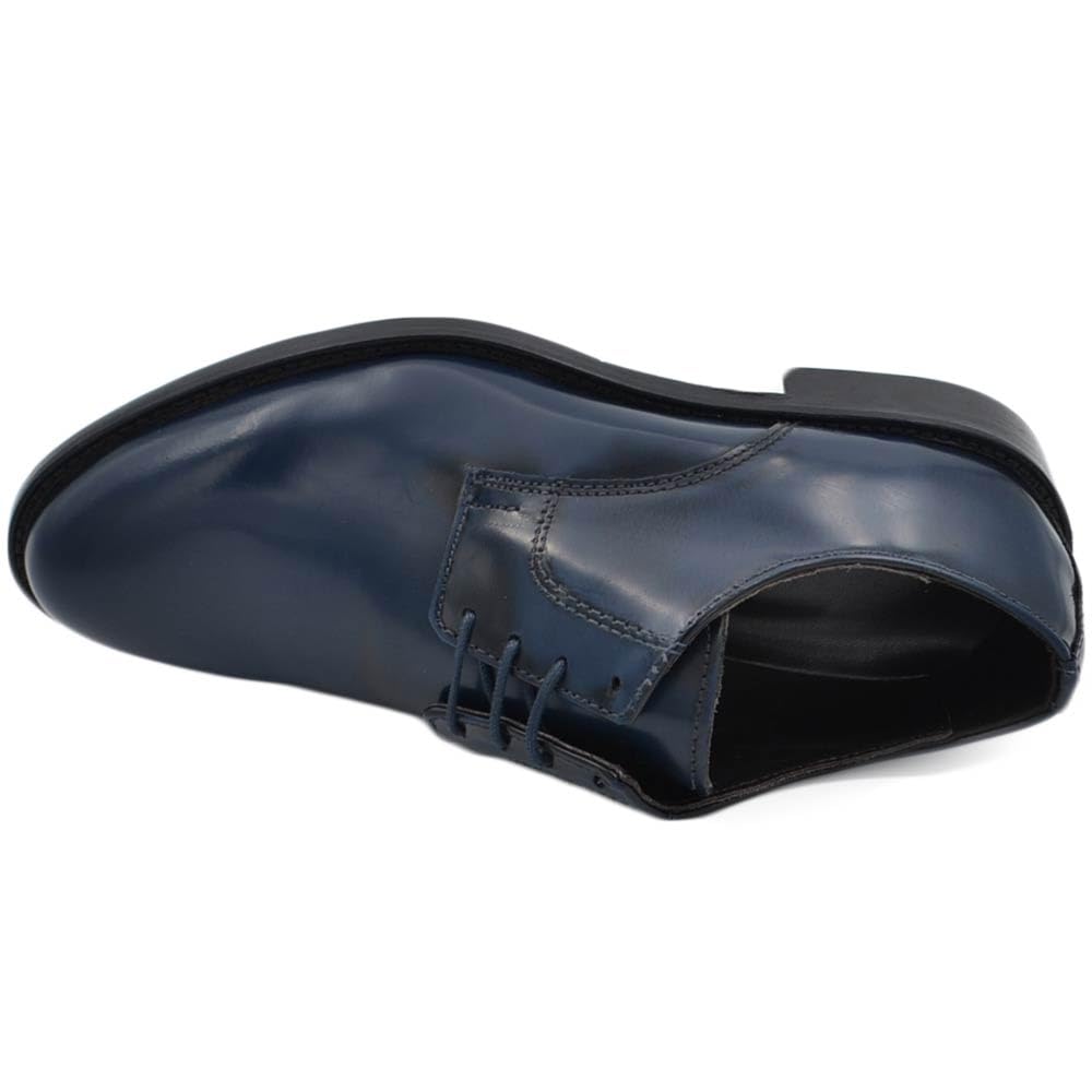 Scarpe Uomo Francesina Inglese Vera Pelle Lucida Blu Made in Italy Fondo Cuoio con Antiscivolo Cerimonia