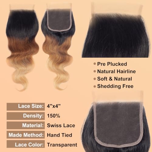 Image of 16A Ombre Body Wave Bundles Human Hair with Closure (16 18 20+14 inch) 100% Unprocessed Virgin Brazilian Ombre Brown Body Wave Human Hair Weave 3 Bundles with Closure