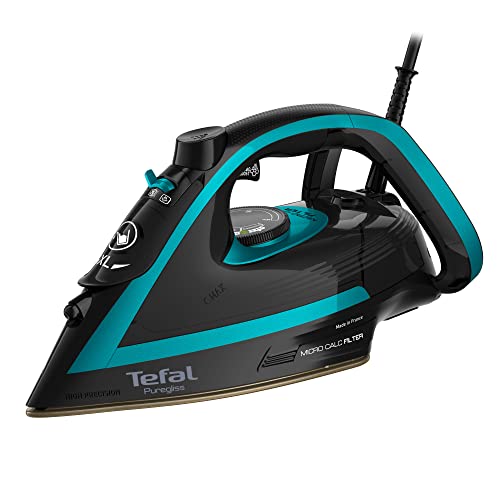 Tefal FV8066 Puregliss Dampfbügeleisen | 280 g/Min. Dampfstoß | Vertikaldampf | XL Wassereinfüllöffnung | stabile Ablage | Anti-Kalk-Ausstattung | Tropfstopp | Auto-Abschaltung | Schwarz/Türkis