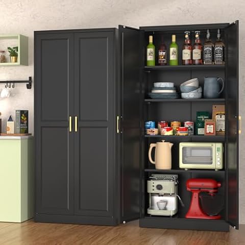 Black Storage Cabinet, 71 Inch Tall Kitchen Pantry Cabinet with Doors and Shelve, Meta Pantry Cabinet, Freestanding Cupboard for Home Office, Living Room, Dining Room - Assembly Required Cover