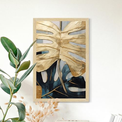 Image of ArtX Paper Abstract Leaf Paintings For Wall Decoration, Home Decor Wall Art, Hotel Wall Painting for Living Room, Multicolor, Natural Wood Color Frames, 12x18 inch, Set of 3