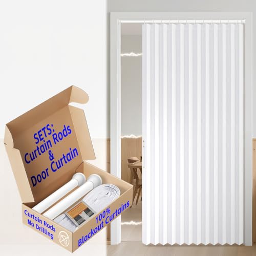Image of AJAZZ Blackout Magnetic Door Curtain with Curtain Rods Adjustable 28-52 inch Long Accordion Door Closet Door Curtain Invisible Applicable Bedroom Room Living Room Doorway (1 Pack, 52 W x 78 L, White)