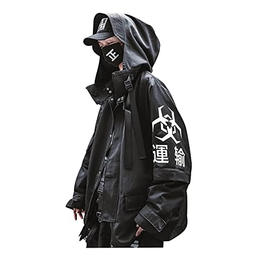 Niepce Inc Japanese Streetwear Zip Up Windbreaker Jacket for Men (Black2, M)