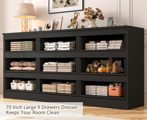 Image of JassmiPkwy 70 INCH 9 Drawers Dresser with Power Outlet, Wide High Gloss Chest of Drawers Large, Modern Storage Drawer Dresser for Bedroom, Black