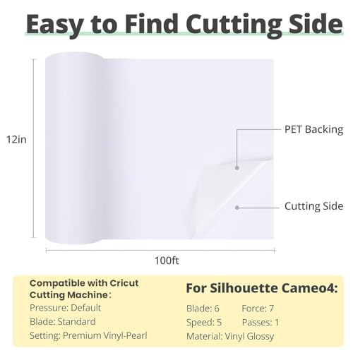 Image of HTVRONT White Permanent Vinyl, 12 inch x 100 FT Glossy White Permanent Adhesive Vinyl Roll Compatible with Cricut Cutting Machine, Silhouette, Cameo Cutters, Signs, Scrapbooking, Craft, Die Cutters