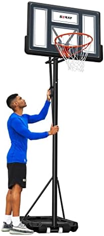 Seray Basketball Hoop with 4.8-10 Foot Height Adjustable for Kids/Adults, Basketball Hoop Outdoor with 44 Inch Backboard and 2 Wheels for Outdoor/Indoor Sports