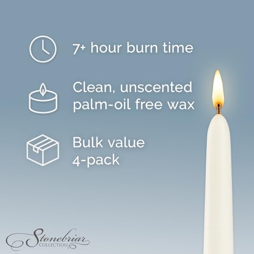 Image of Stonebriar Unscented Taper Candles - 7 Hour Burn Time, Candle Stick Candles for Weddings, Holidays, Home Decor & Special Events, Pack of 4, White, 10 inch
