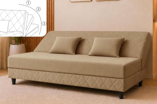 Image of Deco Studio 3 Seater Sofa Bed | Premium Upholstered Velvet Fabric Folding Couch for Living Room, Guest Room & Bedroom | Quilted Backrest with 2 Cushions (Golden)