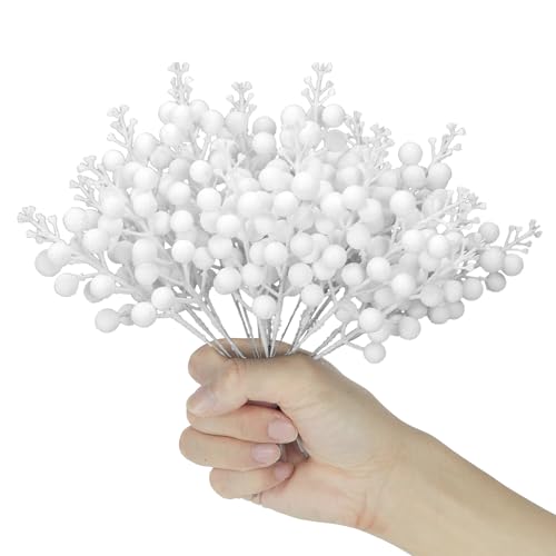 Kunjocy Lot de 12 tiges de baies de Noël artificielles à paillettes - Tiges de sapin de Noël avec paillettes en poudre - Bagues de baies de Noël - Décoration florale pour créations de Noël, couronnes