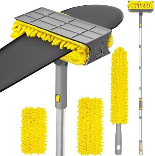 JEHONN 77” Ceiling Fan Cleaner Duster with Extra Bendable Chenille Dust Cleaning Tool, Detachable Washable Mop for Baseboard, Blinds, Walls, Floors & Car Interiors (Yellow)