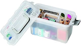 Deflecto | Medium Multi-Compartment Clear Plastic Storage Box with Lift Out Tray & Lid Storage | Portable Craft Storage for Pens, Pencils & Accessories