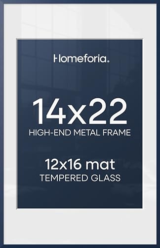 Image of Homeforia 14x22 Picture Frame Navy Blue, High End Metal 14x22 Poster Frames with Mat 12x16 inch Photo, 14 x 22 Navy Blue Frame Matted to 12 by 16 Print, 22x14 Frame, Tempered Glass, Wall Kit, Set of 1
