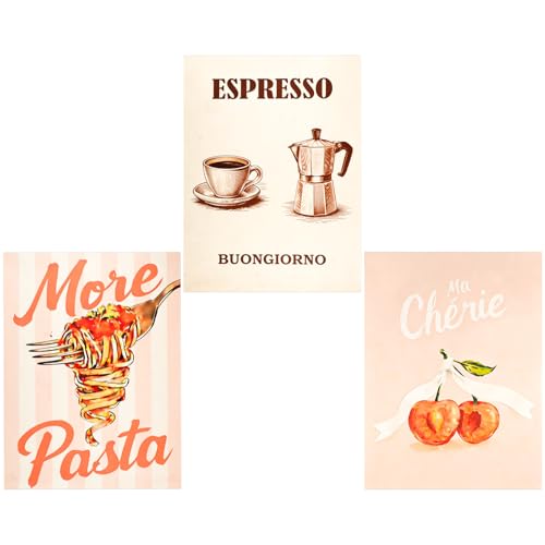YunBey Lot de 3 Affiches Cuisine Vintage, Tableau Mural Cuisine, Café Pâtes Cerise, Poster Rétro, Cadeau Déco Maison, Sans Cadre