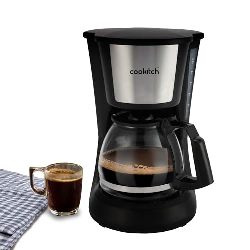 Cookitch Cafetera de Goteo Negra Mate, Capacidad 0.75L p/ 9 Tazas de Café, Filtro Reutilizable, Sistema Antigoteo de 0 Desperdicio y Jarra de Cristal Resistente