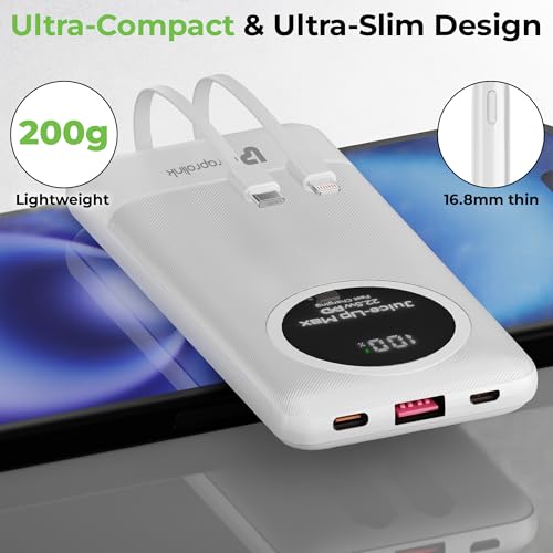 Image of UltraProlink Power Bank 10000mah Fast Charging|22.5W QC-PD -PPS Fast Charging Battery Bank|with USB-C & iPhone Cable|Digital Display|Power Bank for Tablets & Smartphones|Juice-Up Slim|UM1330