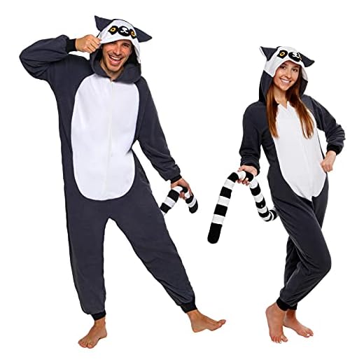 Silver Lilly Slim Fit Animal Pajamas - Adult One Piece Cosplay Lemur Costume (Large) Grey/White