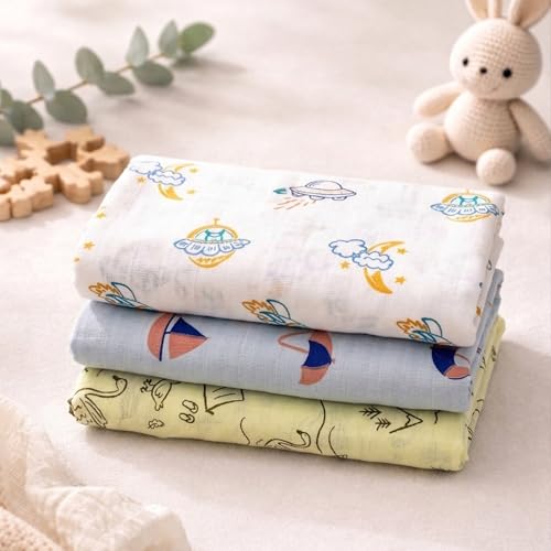 Image of NEW COMERS Cotton Muslin Baby Swaddle Set, Multicolor Printed Muslin Swaddle Wrap for New Born Baby, Soft Pure Cotton Sheet Baby Wrap Set, Baby Product (Swaddle 09)