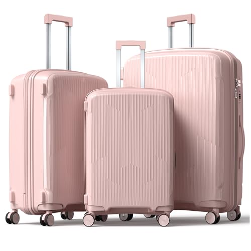 Nazhura Luggage Set, 3-Piece Hardside Suitcase Set, 20-inch Carry On, 24-inch, 28-inch Luggage (Light Pink)