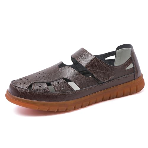 Women s Classic Genuine Leather Casual Flat Sandal Closed Toe Fisherman Sandals Comfy Work Sandal Everyday Walking Shoe (Brown8)