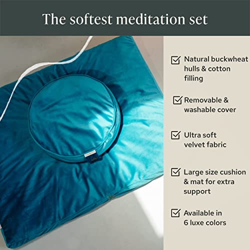 Image of Mindful Modern Meditation Cushion & Mat Bundle - Luxury Velvet Zafu Floor Pillow & Rectangular Mat - Turquoise