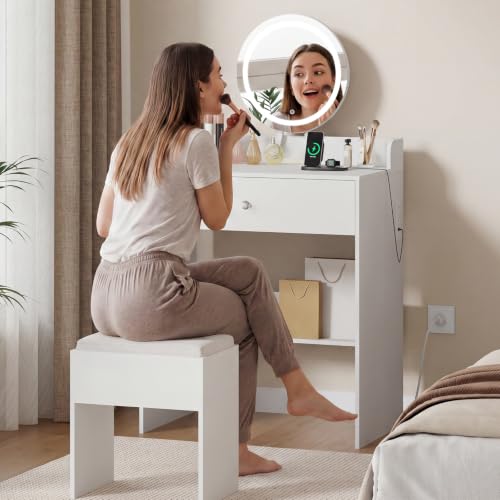 Image of Small Vanity Desk With Power Outlets, Makeup Table for Girls, White
