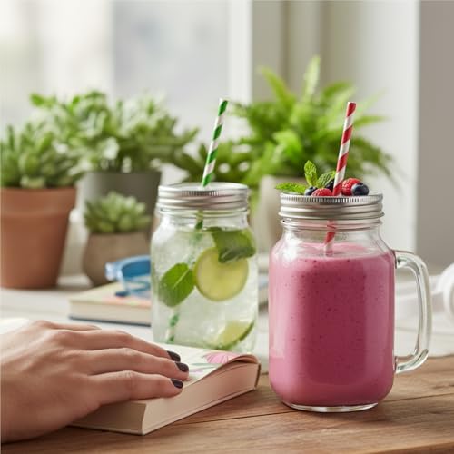Image of Aesthetic Mason Glass Jars (Pack of 2) with Straw & Multicolour Checked Lid 450 ml - Classy Mug for Juice, Smoothies, Shakes, Coffee & Mocktails |Reusable Glass Jars for Kitchen, Party & Gifting