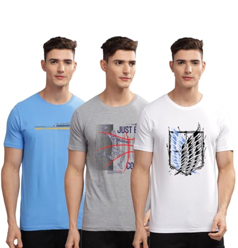 Image of ADRO 100% Cotton Lycra Tshirts for Men Combo Pack of 3 | Regular Fit | Printed T Shirt | Round Neck Half Sleeve| Mens Tshirts