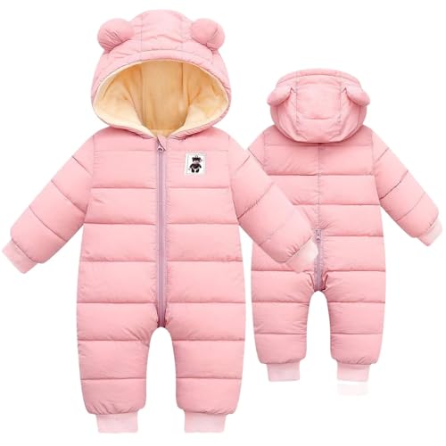 Image of BYFRI Baby Boys Girls Snowsuit Newborn Cozy Winter Coat Infant Bear Hooded Jumpsuit Toddler Snow Outfit for 0-24 Months