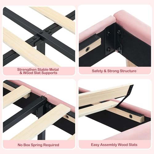 GarveeHome Full Bed Frame with Storage Headboard, Velvet Upholstered Platform Bedframe for Kids, Girl Bed, Strong Wooden Slats, Noise-Free, Easy Assembly, No Box Spring Needed, Light Pink