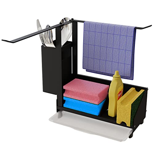 Estante de Drenaje para Cocina,Aischens Soporte de Esponja de Acero Inoxidable Organizador Estropajo Fregadero,Organizador Sink Caddy Soporte para Utensilios de Cocina con Bandeja extraíble y Toallero Cover
