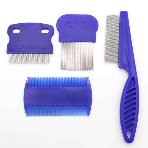 Image of Pet Flea Lice Comb Grooming Kit, 4 Pieces, Dense Toothed Comb for Lice and Fleas Removal, Dematting Tool for Small, Medium & Large Pets,Blue