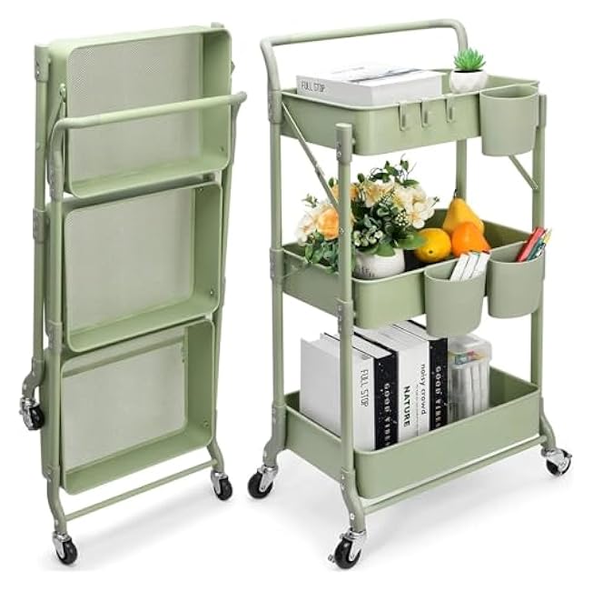 ´¢Îï³µ Foldable 3-Tier Metal Rolling Cart - Collapsible Storage Trolley with Wheels, Space Saving Utility Organizer for Kitchen, Bathroom, Dorm, Office, Closet-IoXorxLa