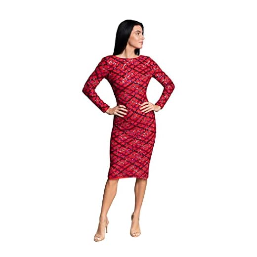 Dress the Population Women's Emery Long Sleeve Round Neck Low Back Bodycon MIDI Dress, Rouge RED Multi, Small