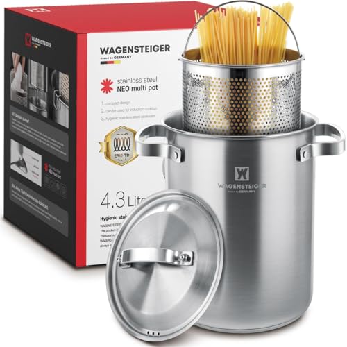 WAGENSTEIGER Premium Stainless Steel Asparagus Steamer Pot or Spaghetti Pasta Stovetop Cooker with Perforated Steamer Basket Tall & Large Size Versatile Cookware 3-Ply Base(4.3Liters/1.14Gals)