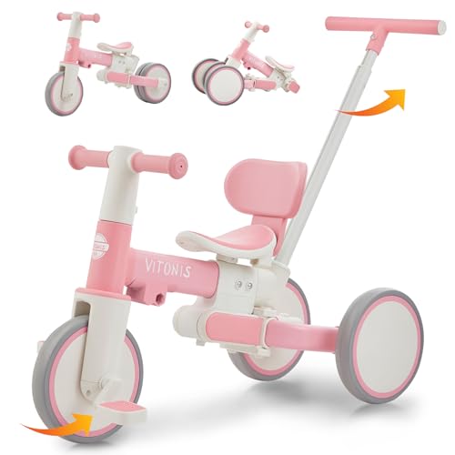 Tricycle bébé évolutif 5 en 1, Vélos pour Enfants de 1 à 3 Ans avec Barre de poussée pour Les Enfants，Cadeaux et Jouets pour garçons et Filles (Rose)